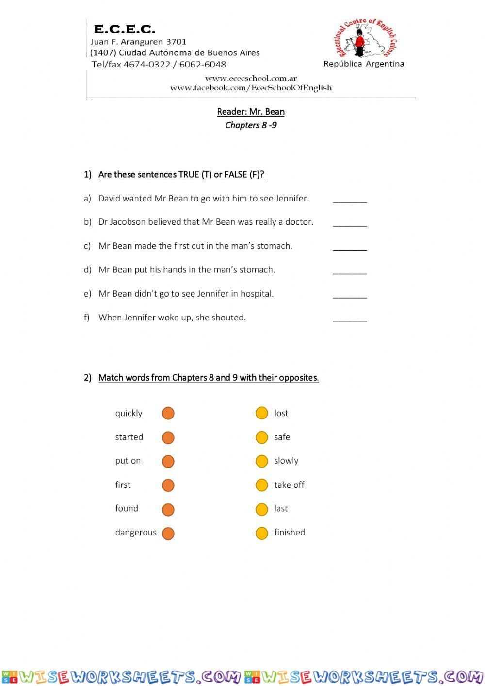 Mr Bean Activities chapters 8-9