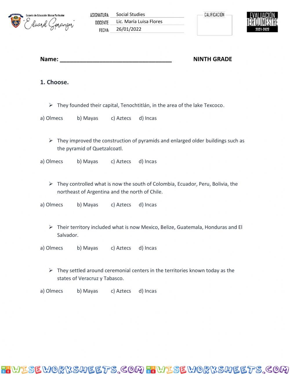 Test social studies ninth grade 1st semester