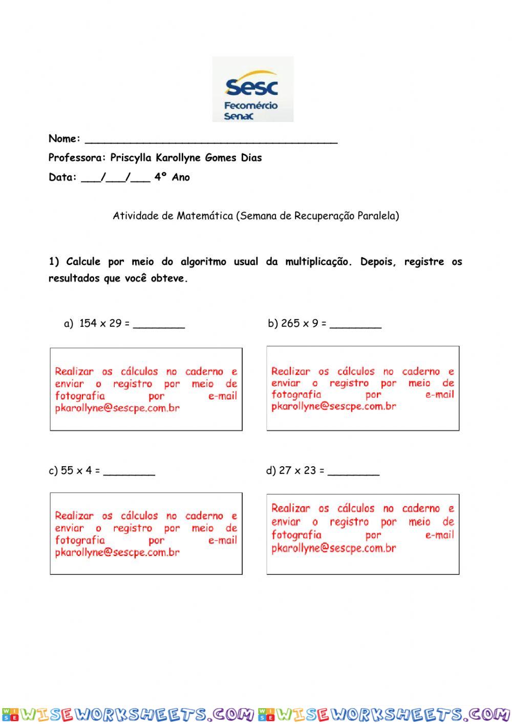 Atividade de Recuperação de Matemática 4º Ano II Unidade