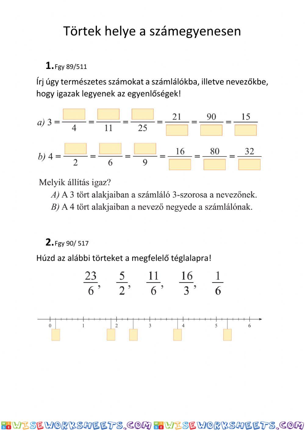 Törtek helye a számegyenesen