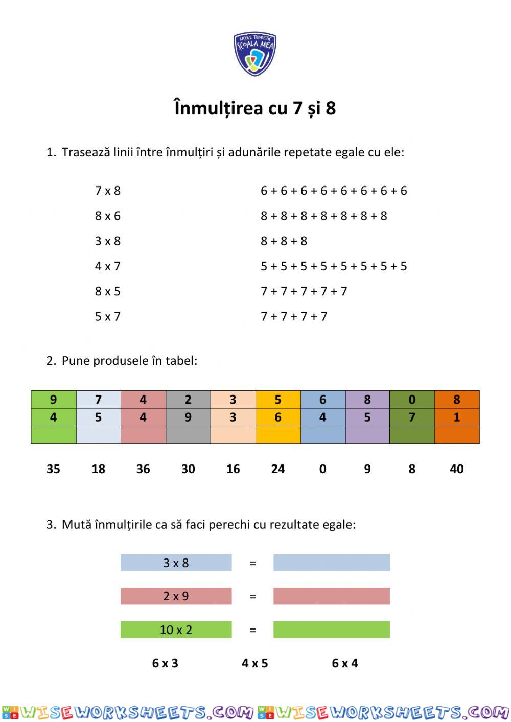 Fișă de lucru Înmulțirea cu 7 și 8