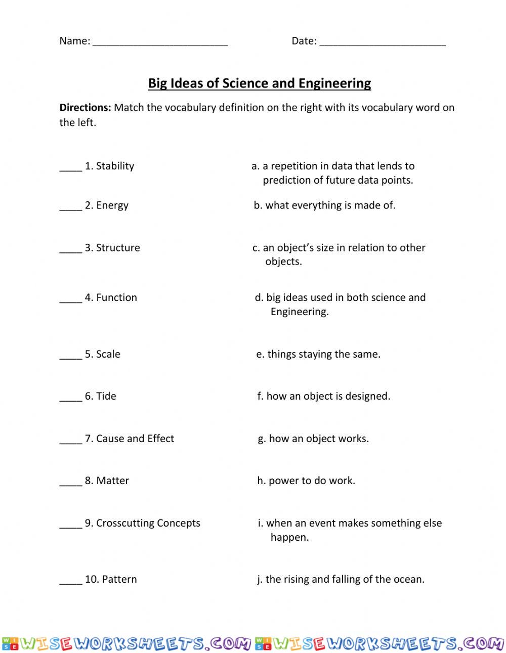 Big Ideas of Science and Engineering Vocabulary Test