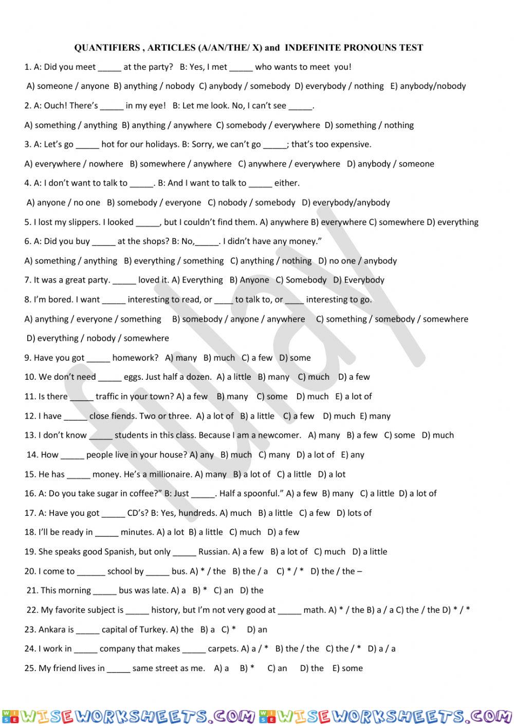 Quantifiers, articles and indefinite pronouns