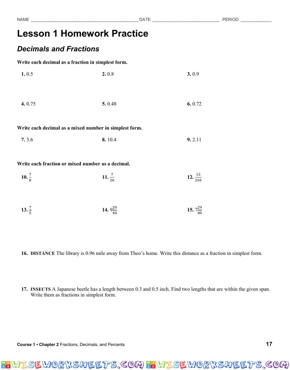 Chapter 2, Lesson 7 Homework Practice