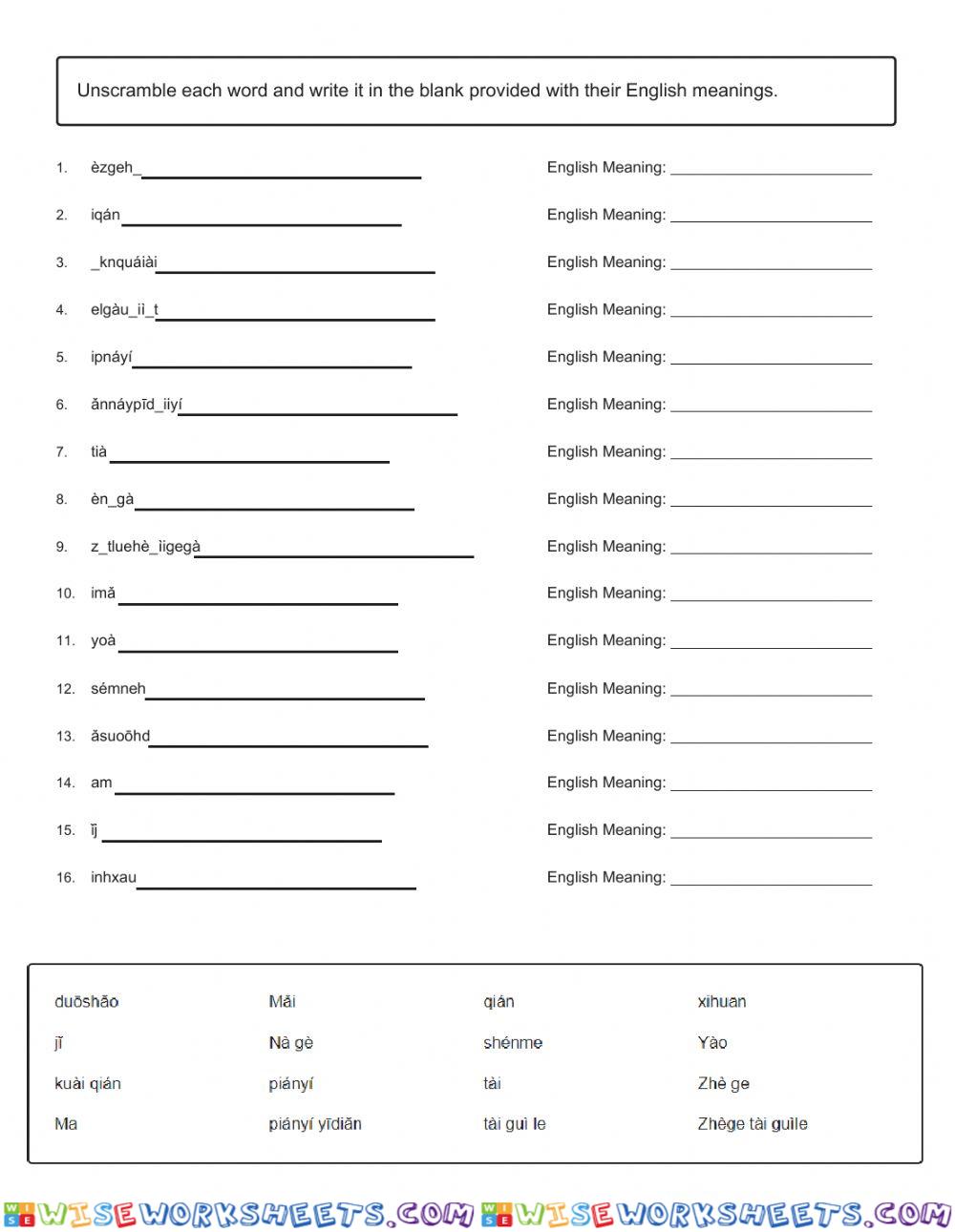 Year 8 - Shopping worksheet 1 Scramble