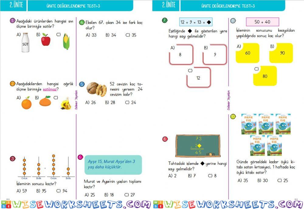 Matematik Ünite Değerlendirme Test 3