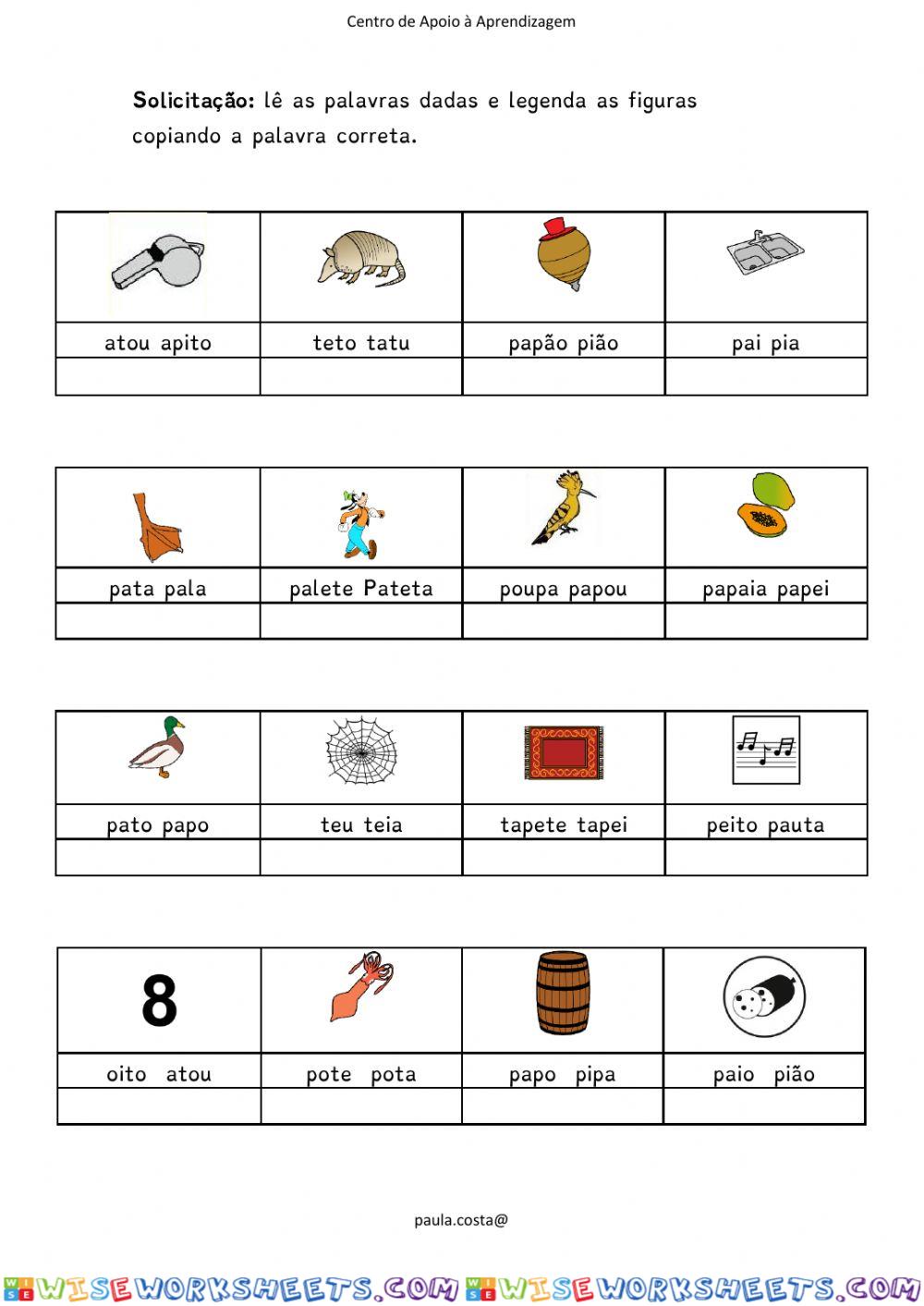 Ficha de trabalho Português 1º ano (p-t)