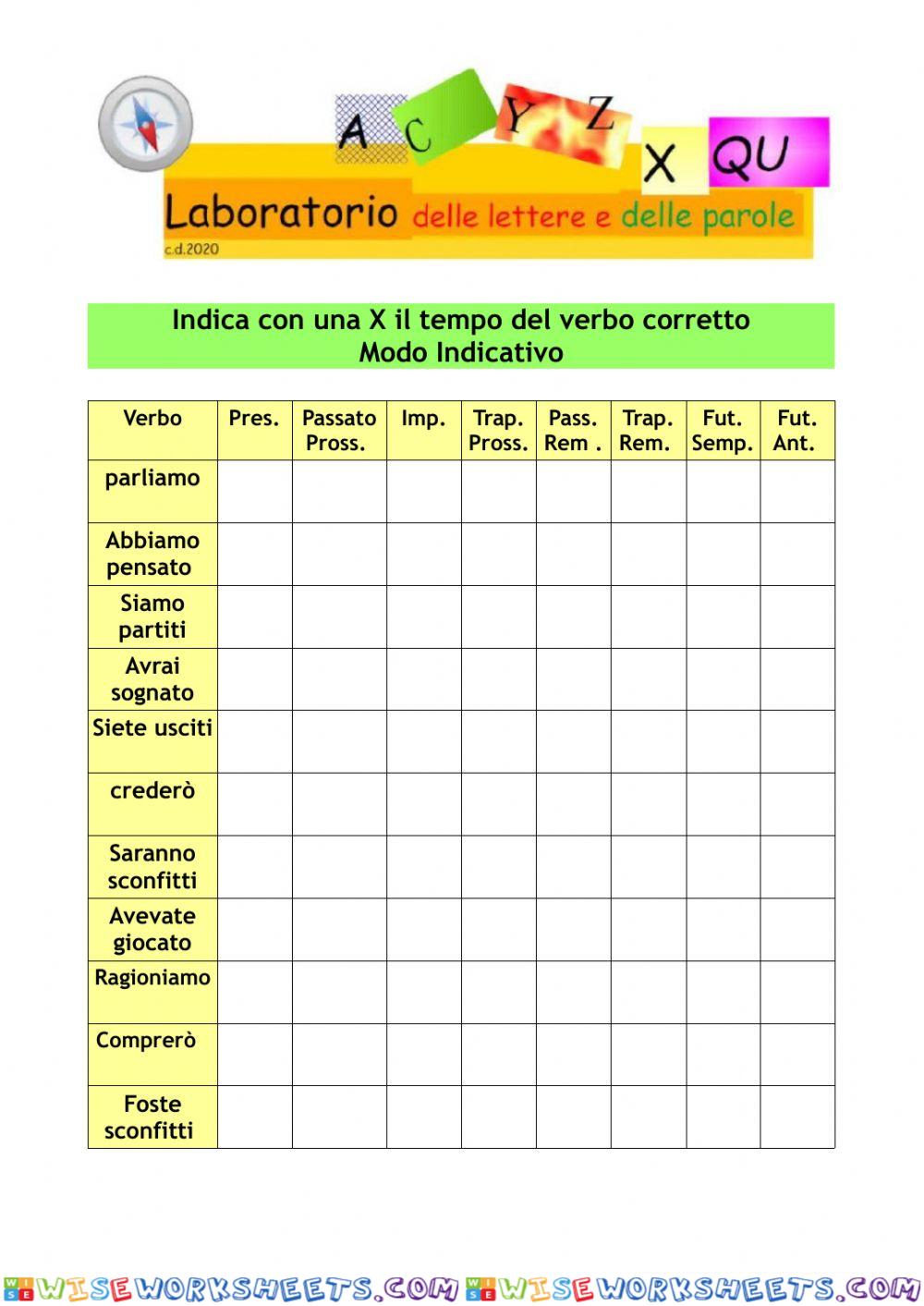 Verbi - modo indicativo - indica con una X