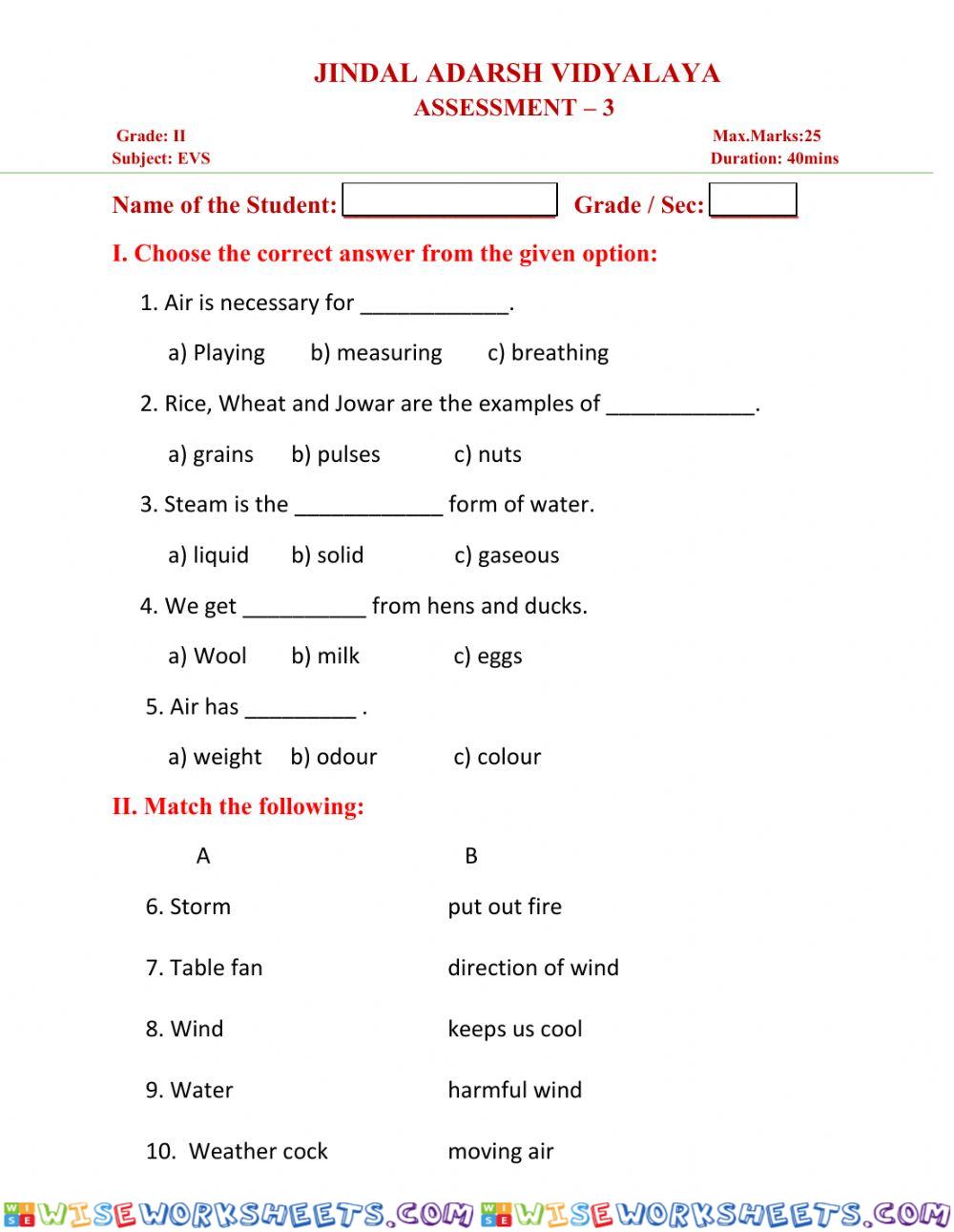 Grade 2 EVS assessment 3