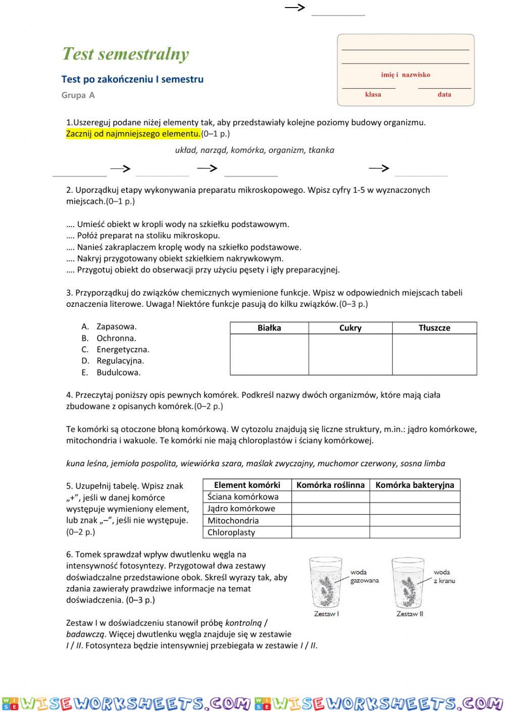 Test semestralny-biologia kl.5