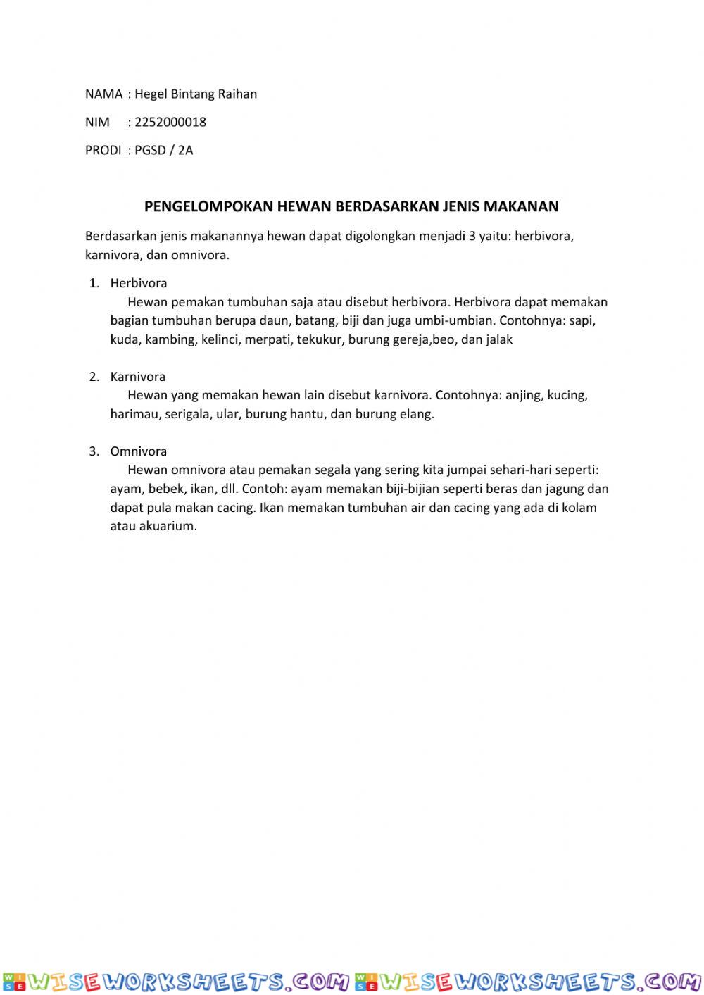 Penggolongan hewan berdasarkan jenis makanan