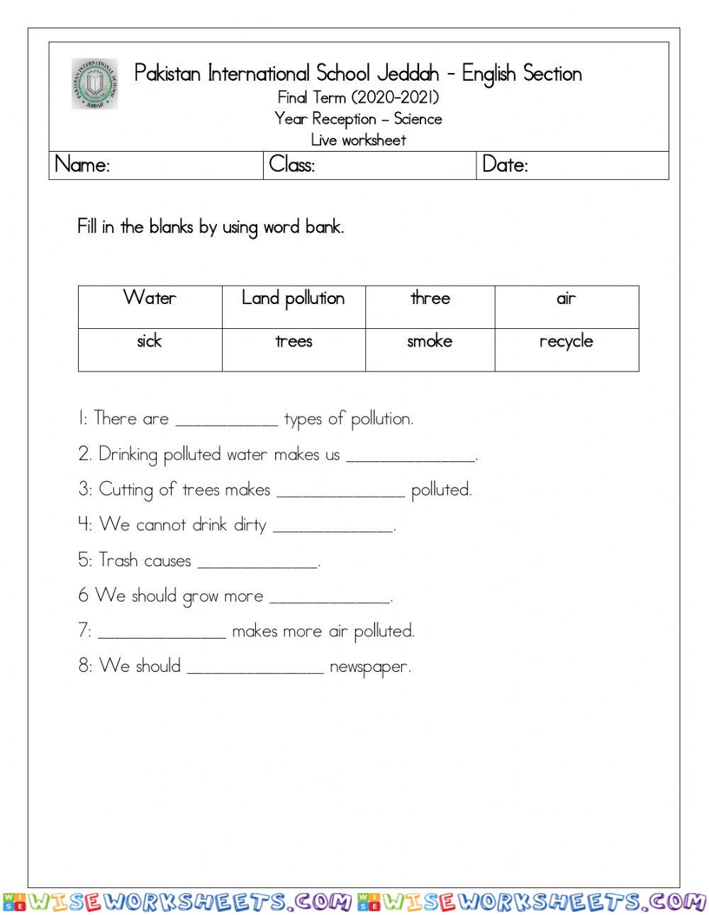 Pollution live worksheet