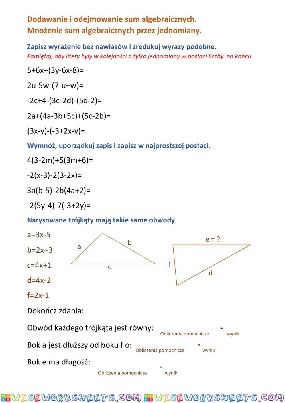 Dodawanie i odejmowanie sum algebraicznych. Mnożenie sum przez jednomian