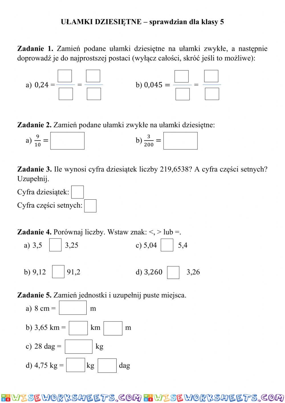 Ułamki dziesiętne - sprawdzian dla klasy 5