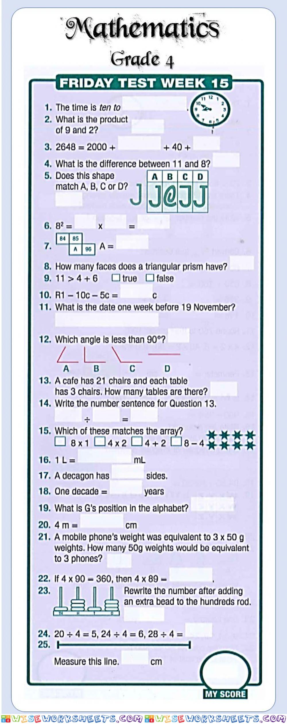 Mental Maths 4 - W15 - Friday