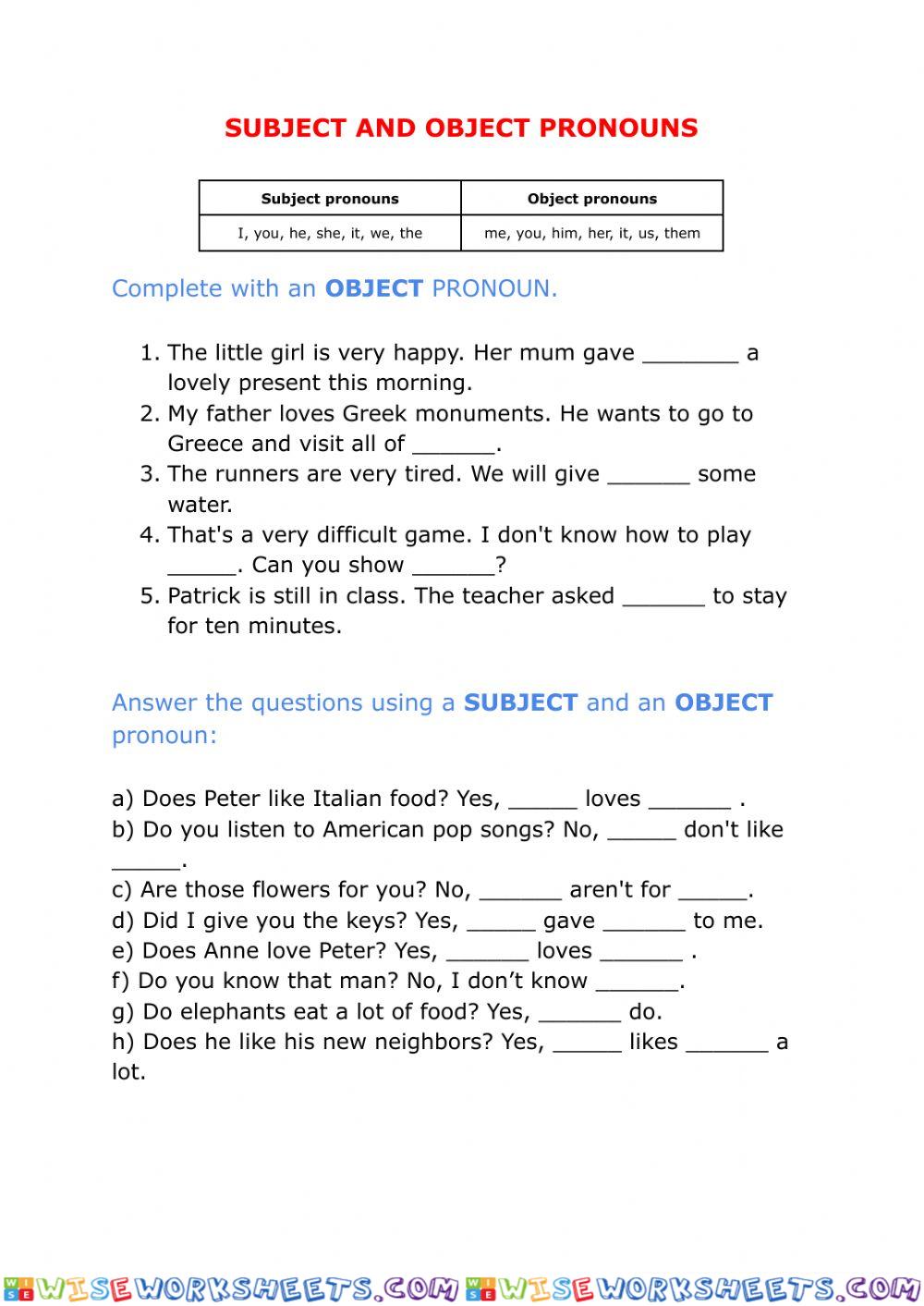 Subject and object pronouns