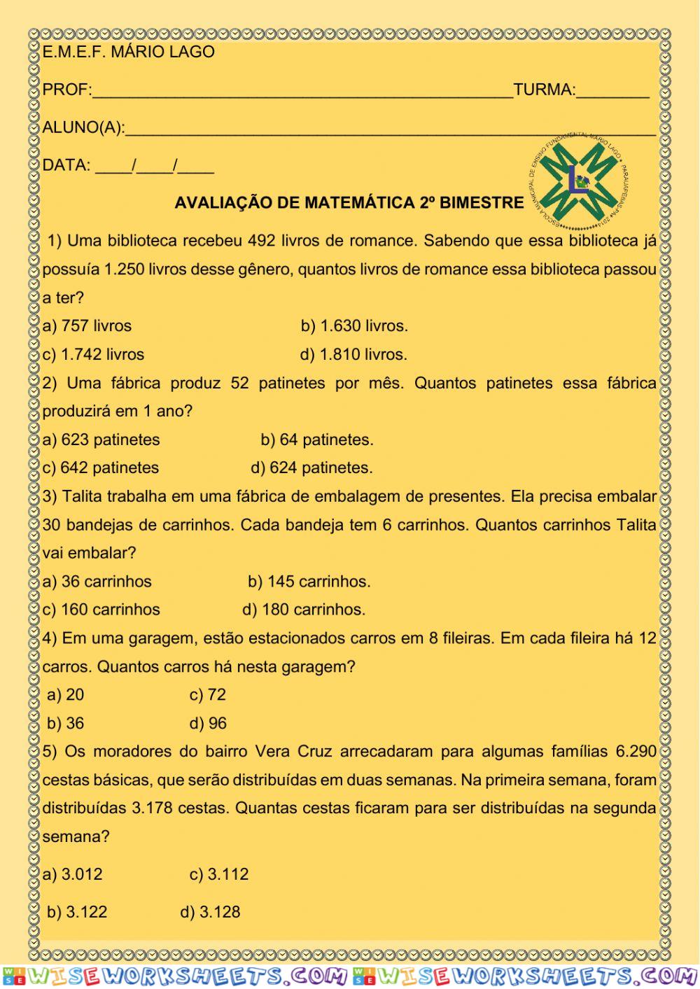 Avaliação de matemática 2º bimestre