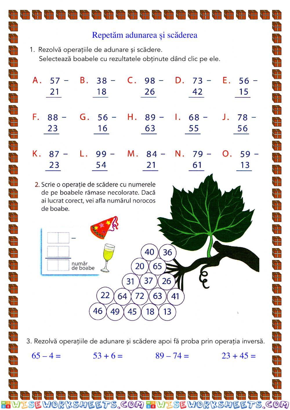 Adunarea si scăderea numerelor 0 -100