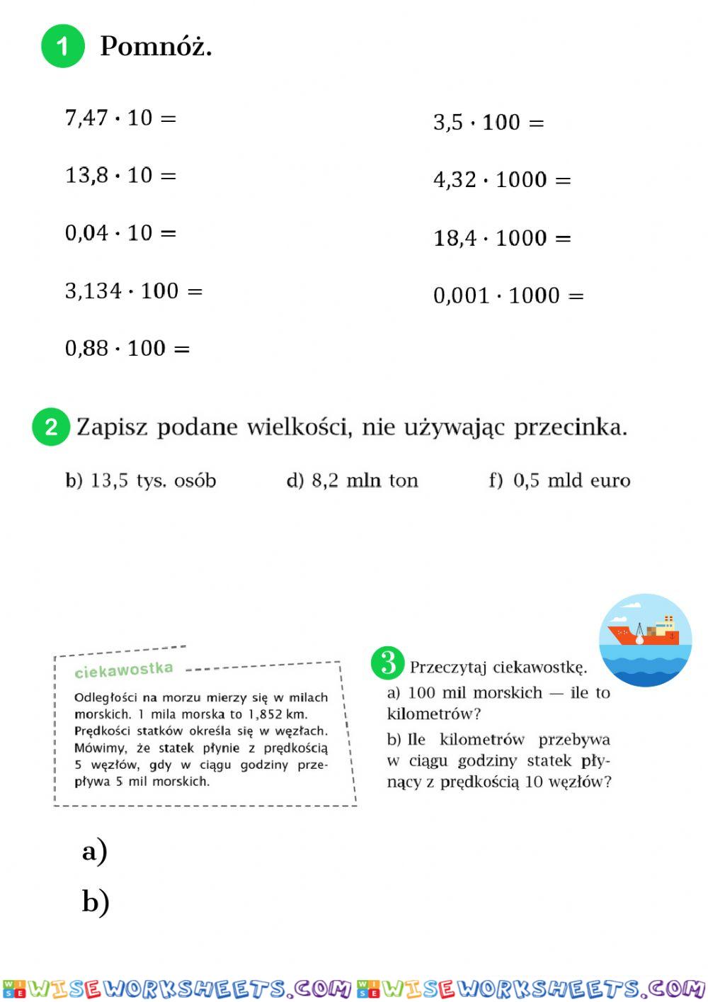 Mnożenie ułamków dziesiętnych przez 10, 100, 1000.