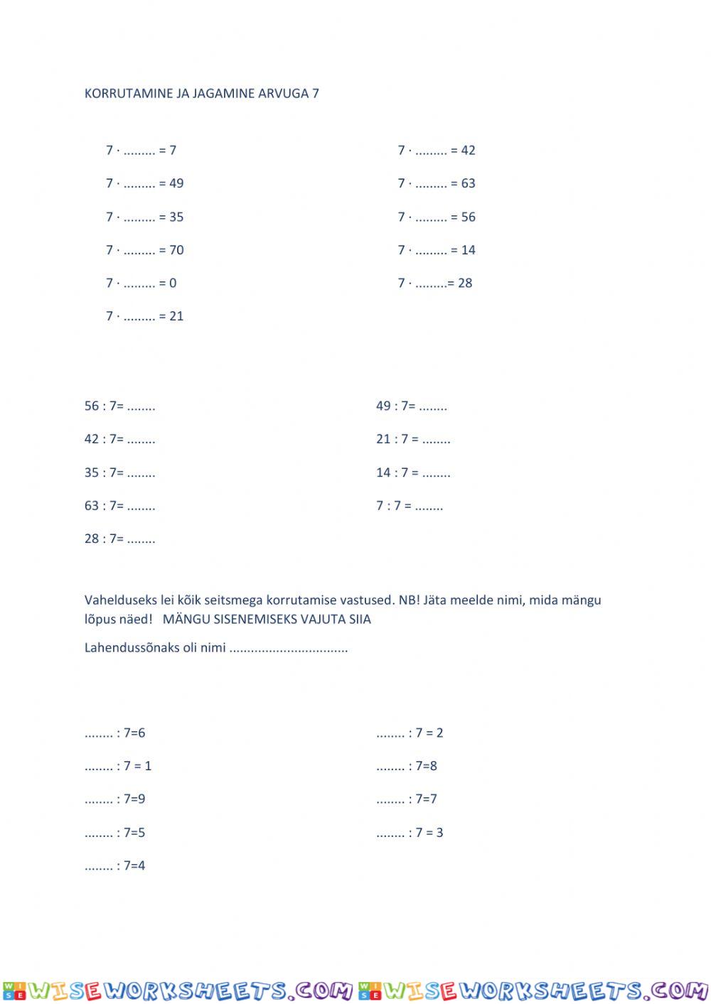 Korrutamine ja jagamine arvuga 7, 2. tööleht, 3. klass