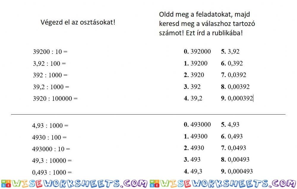 Tizedes tört osztása 10