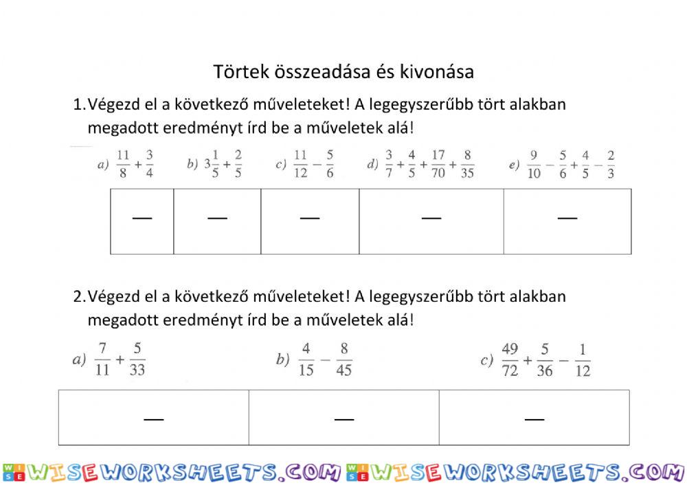 Törtek összeadása, kivonása