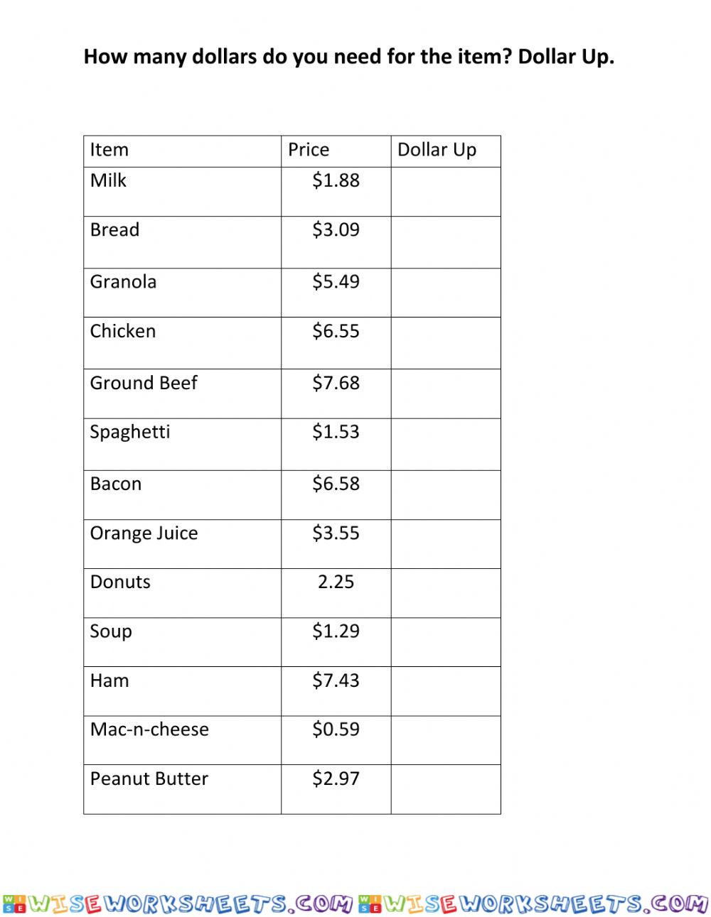 Dollar Up Grocery List