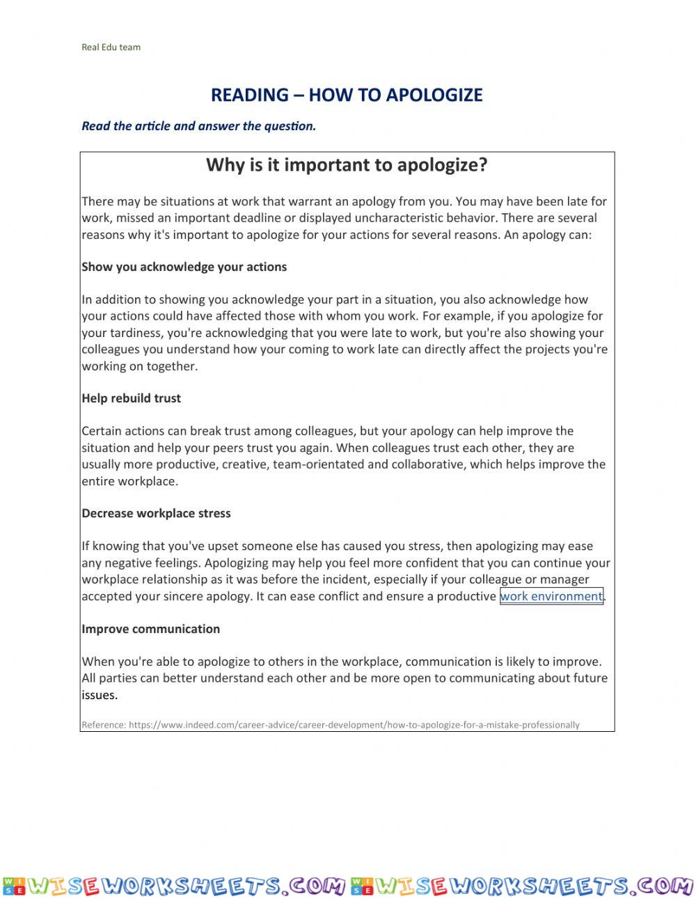 Reading - Why it is important to apologize at work?