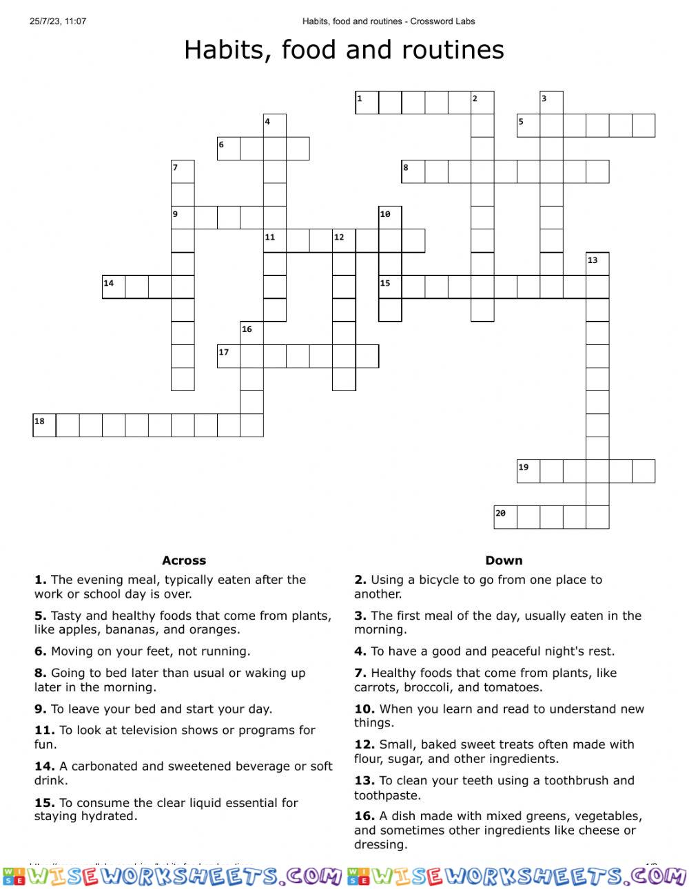 Habits, food and routines crossword