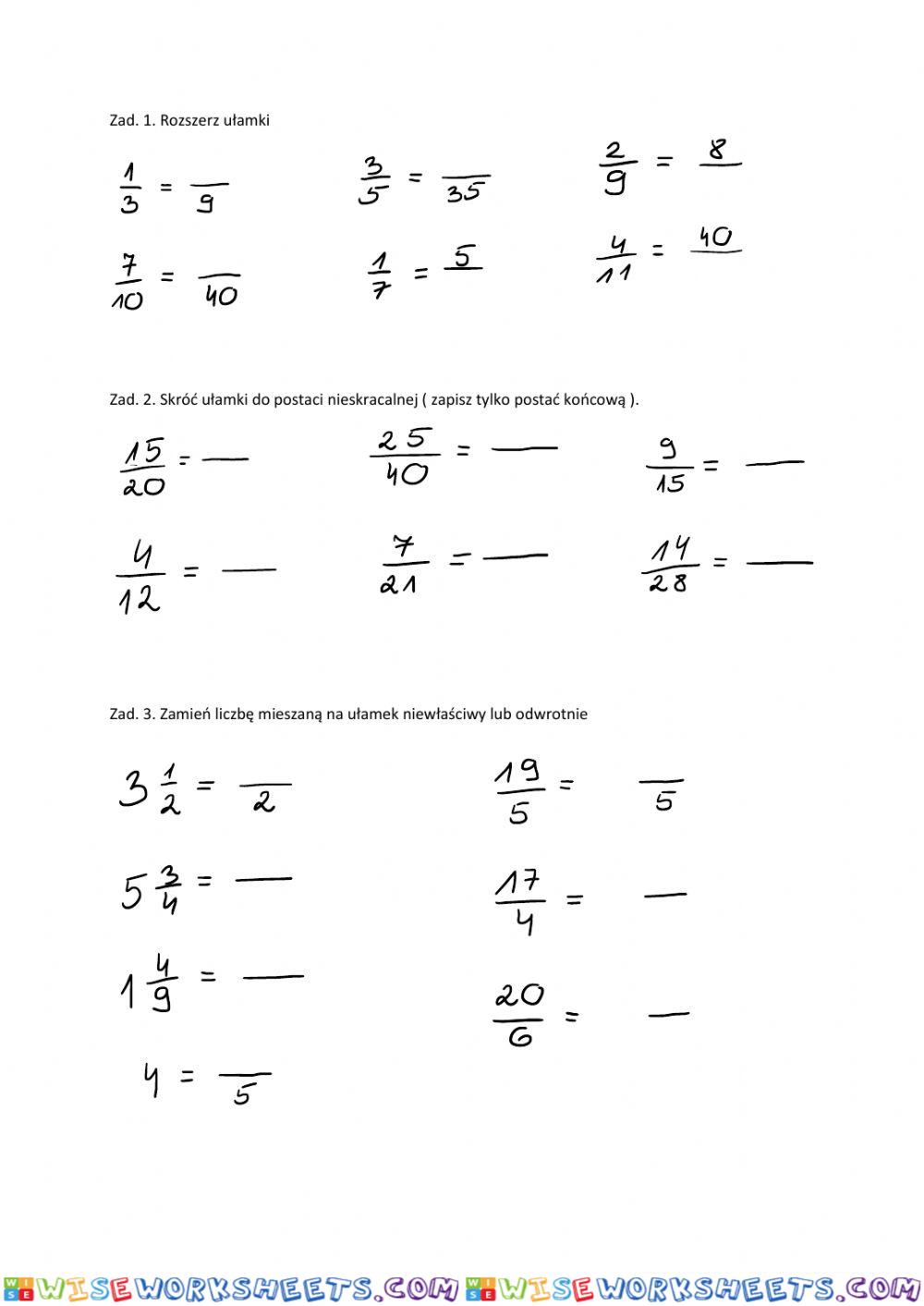 Rozszerzanie i skracanie ułamków, zamiana liczb mieszanych na ułamki niewłaściwe