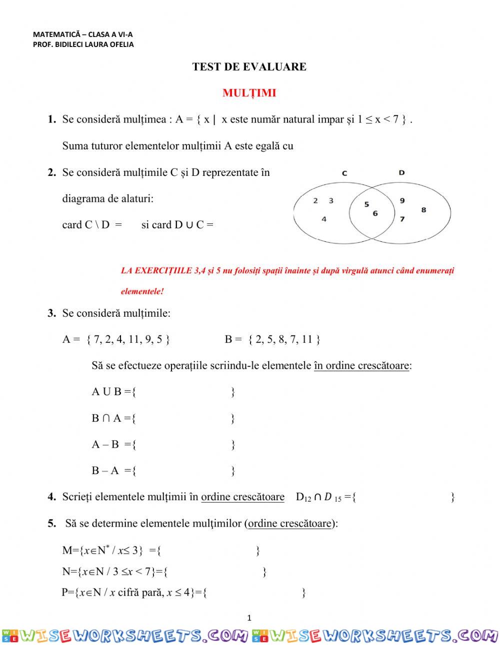 TEST DE EVALUARE-MULTIMI-CLASA A VI-A