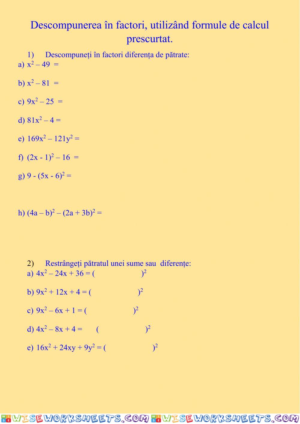 Descompunerea în factori utilizând formule de calcul prescurtat