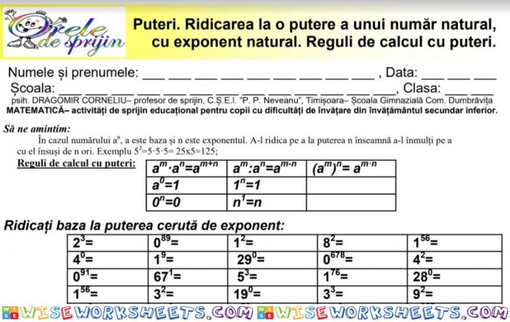 Reguli de calcul cu puteri- exerciții aplicative