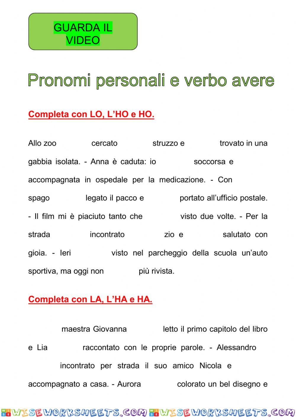 Pronomi personali e verbo avere