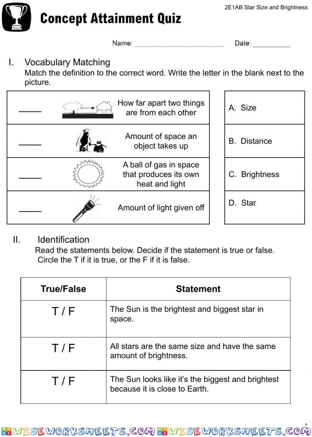 Star Size and Brightness Concept Quiz
