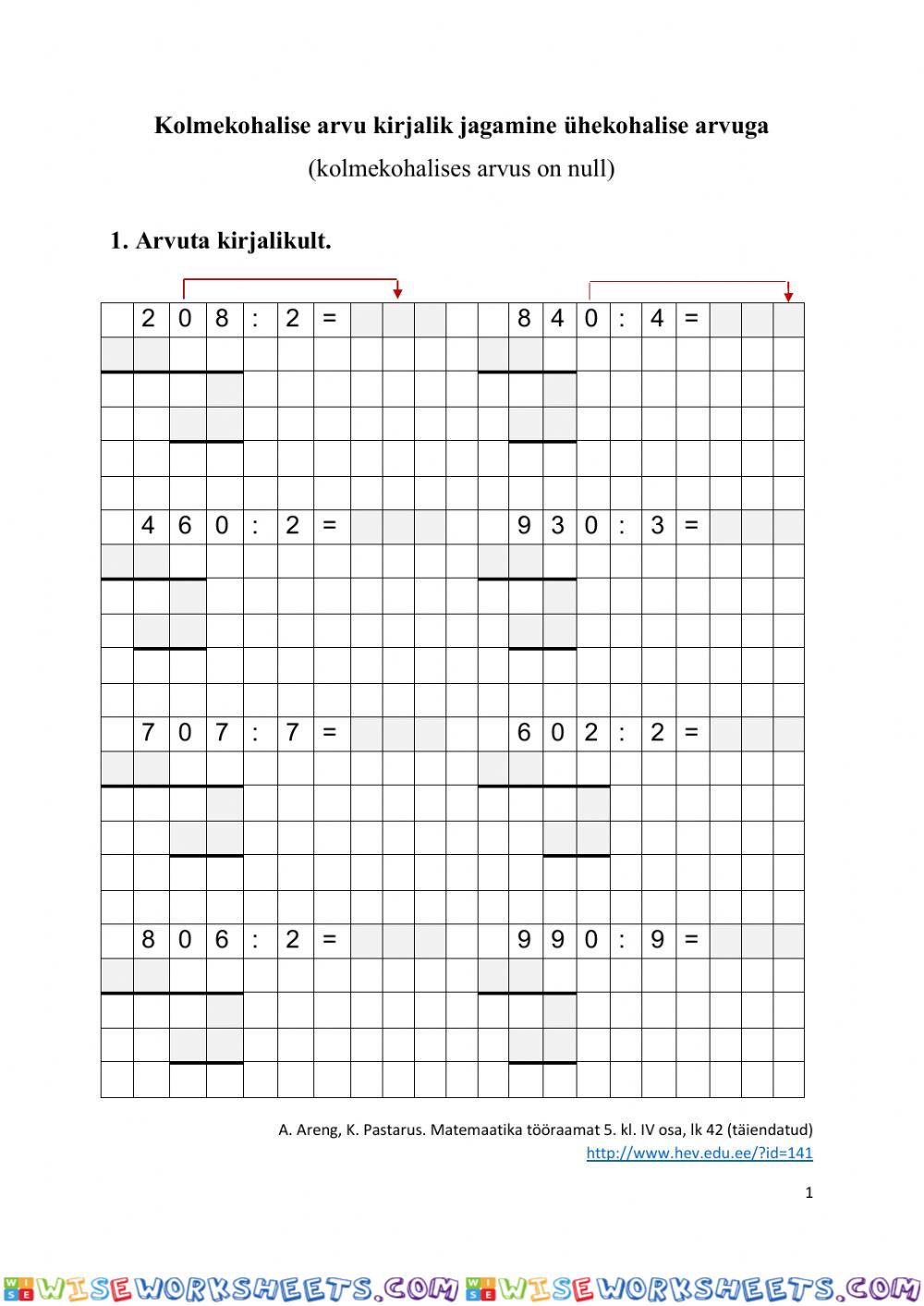 Kolmekohalise arvu kirjalik jagamine ühekohalise arvuga (jagatavas on 0)