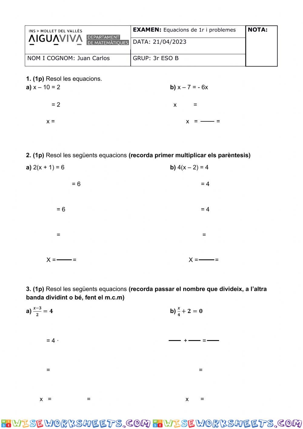 Examen equacions 1r grau