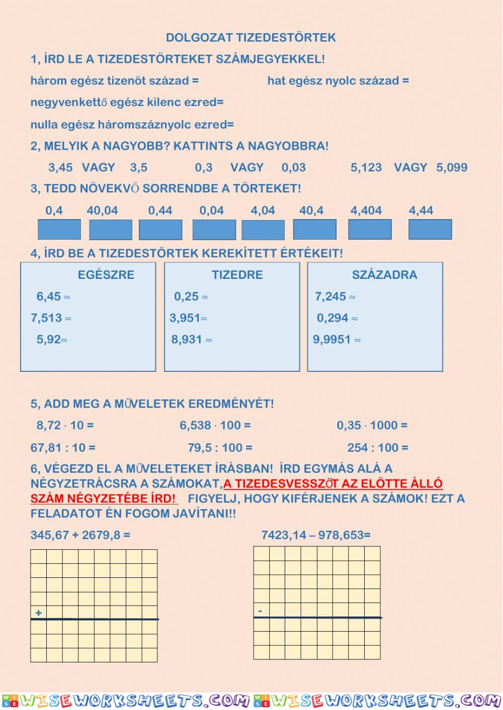 Tizedestörtek dolgozat