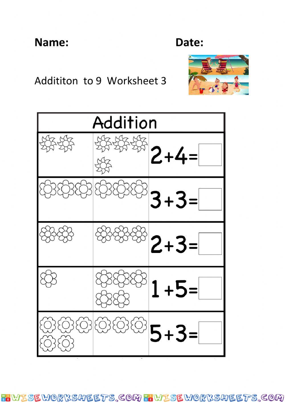 Addition to 9  Worksheet 3