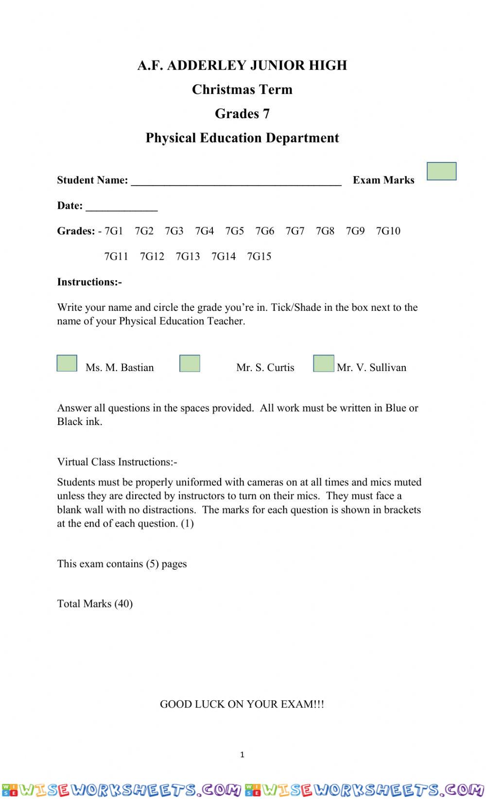 Physical Education Exam grade 7