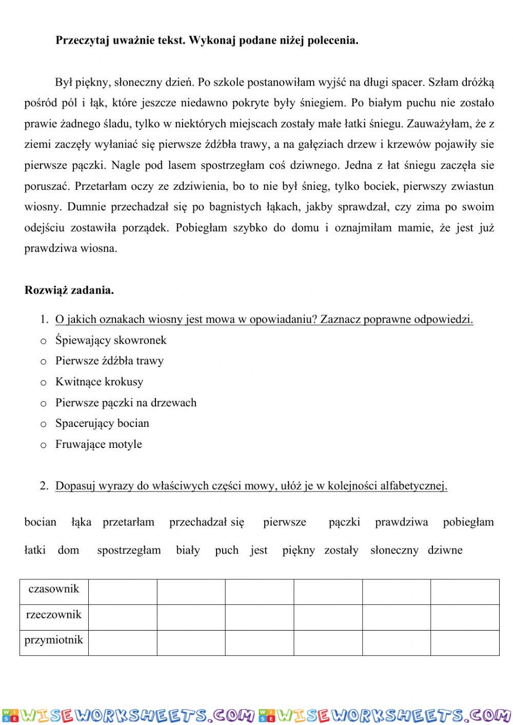 Wiosna - czytanie ze zrozumieniem