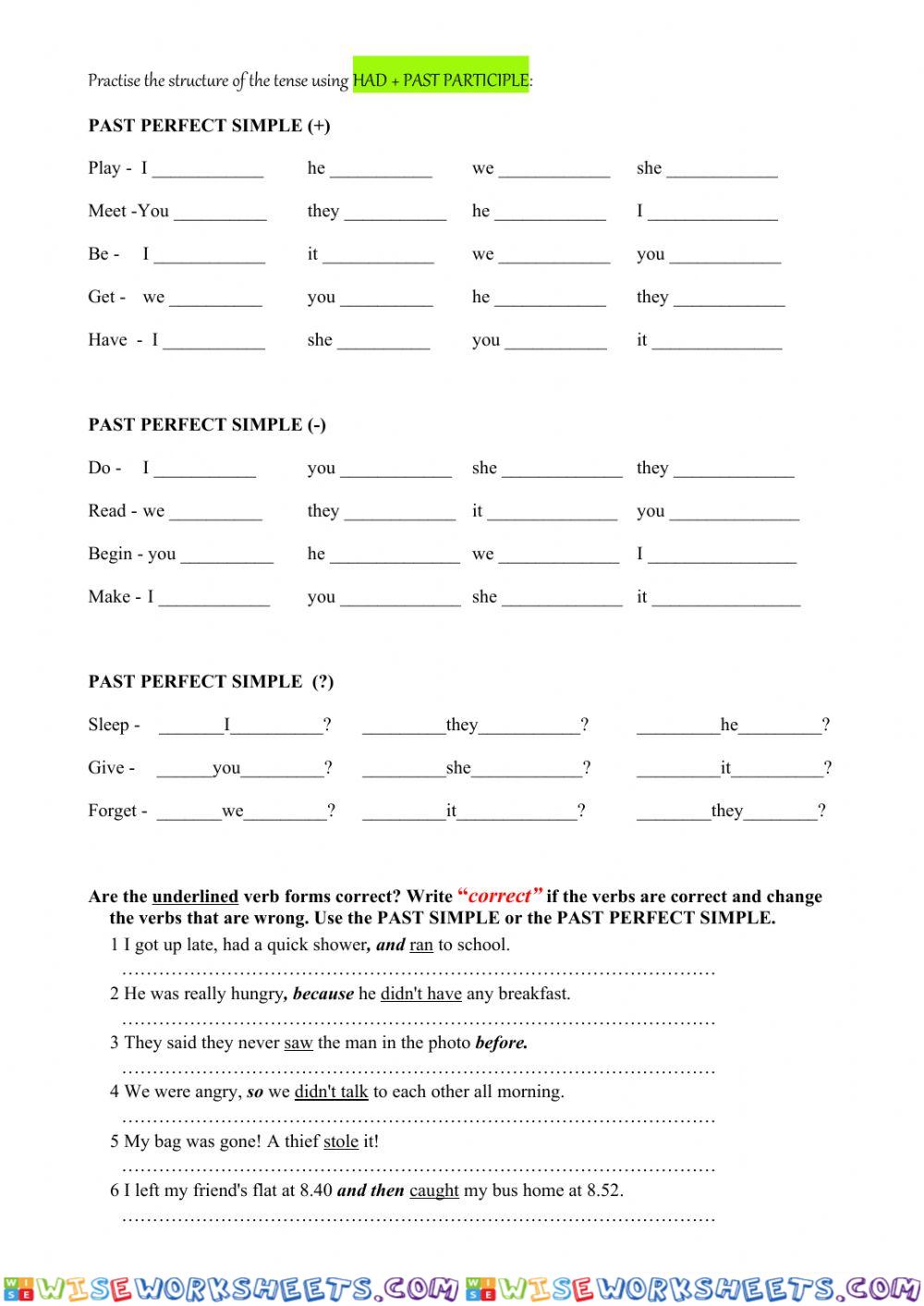 PAST PERFECT SIMPLE Drills