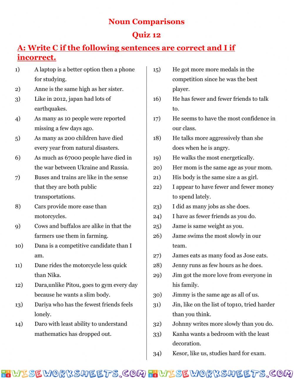 Quiz 12(noun comparison)