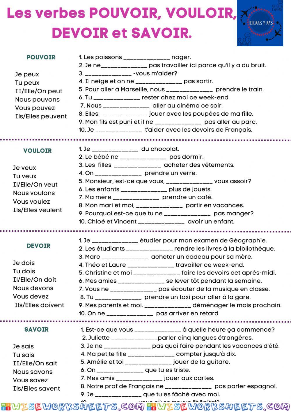 Présent de l'indicatif des verbes POUVOIR, VOULOIR, DEVOIR et SAVOIR