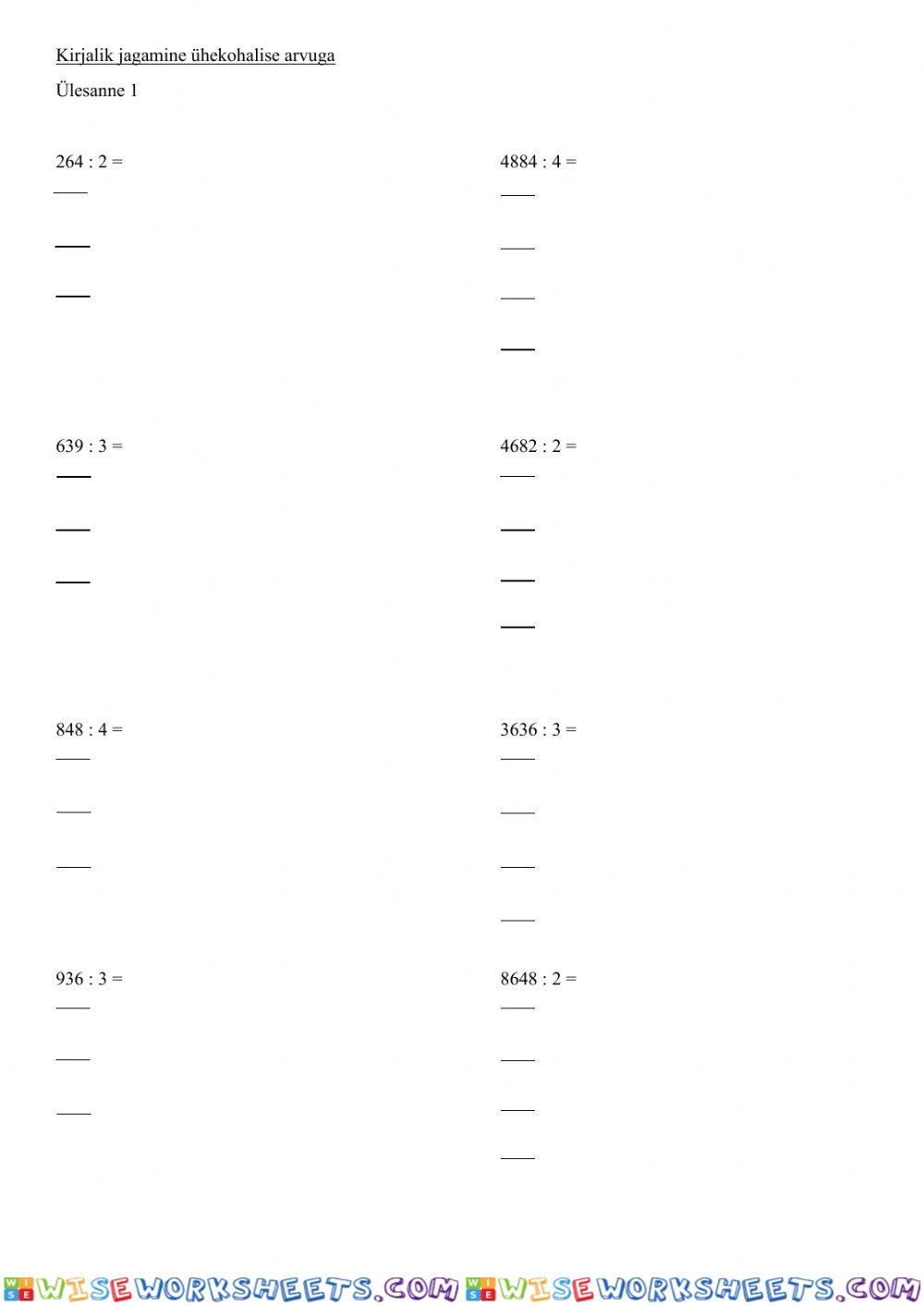 Kirjalik jagamine ühekohalise arvuga. Lihtne variant harjutamiseks.