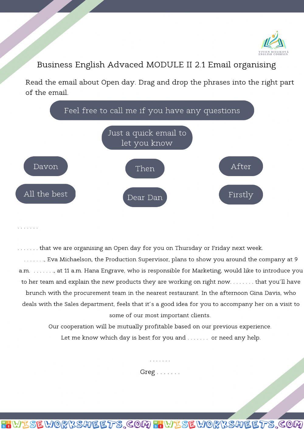 Business English MODULE II 2.1 Email organising