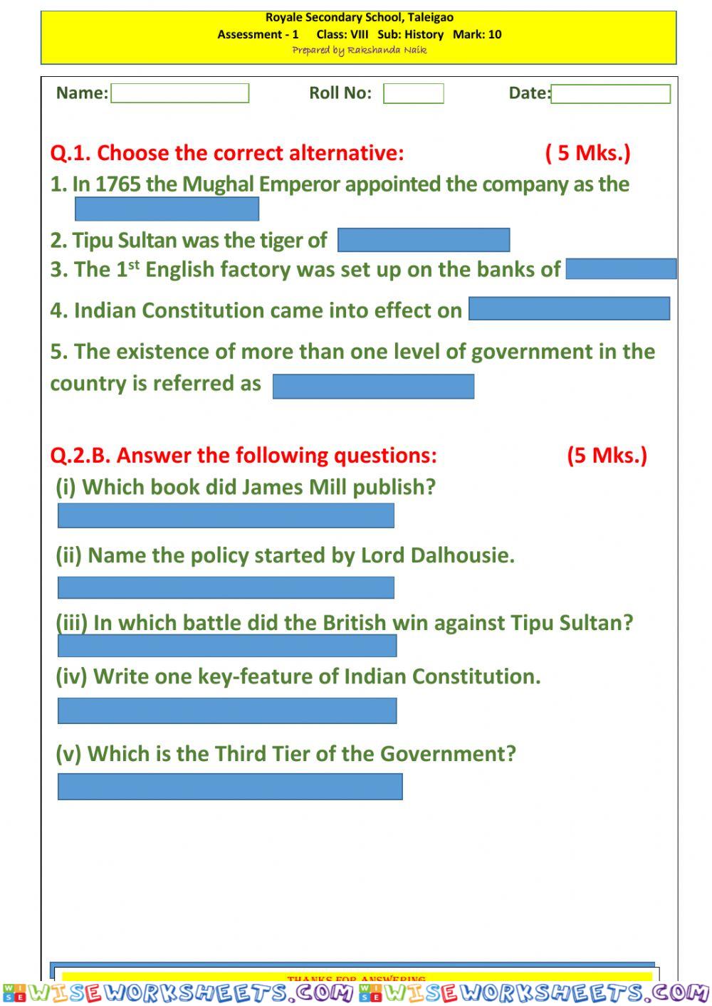 Assessment 1 Class VIII 1-3