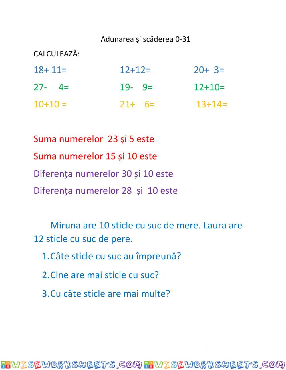 ADUNAREA ȘI SCĂDEREA 0-31