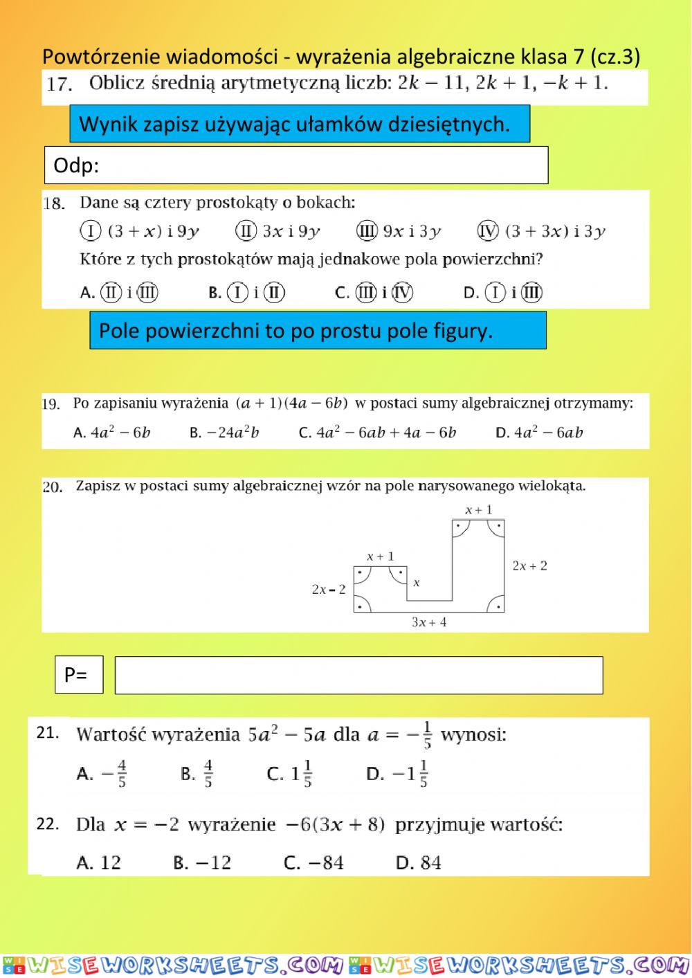 Wyrażenia algebraiczne klasa 7 cz.3