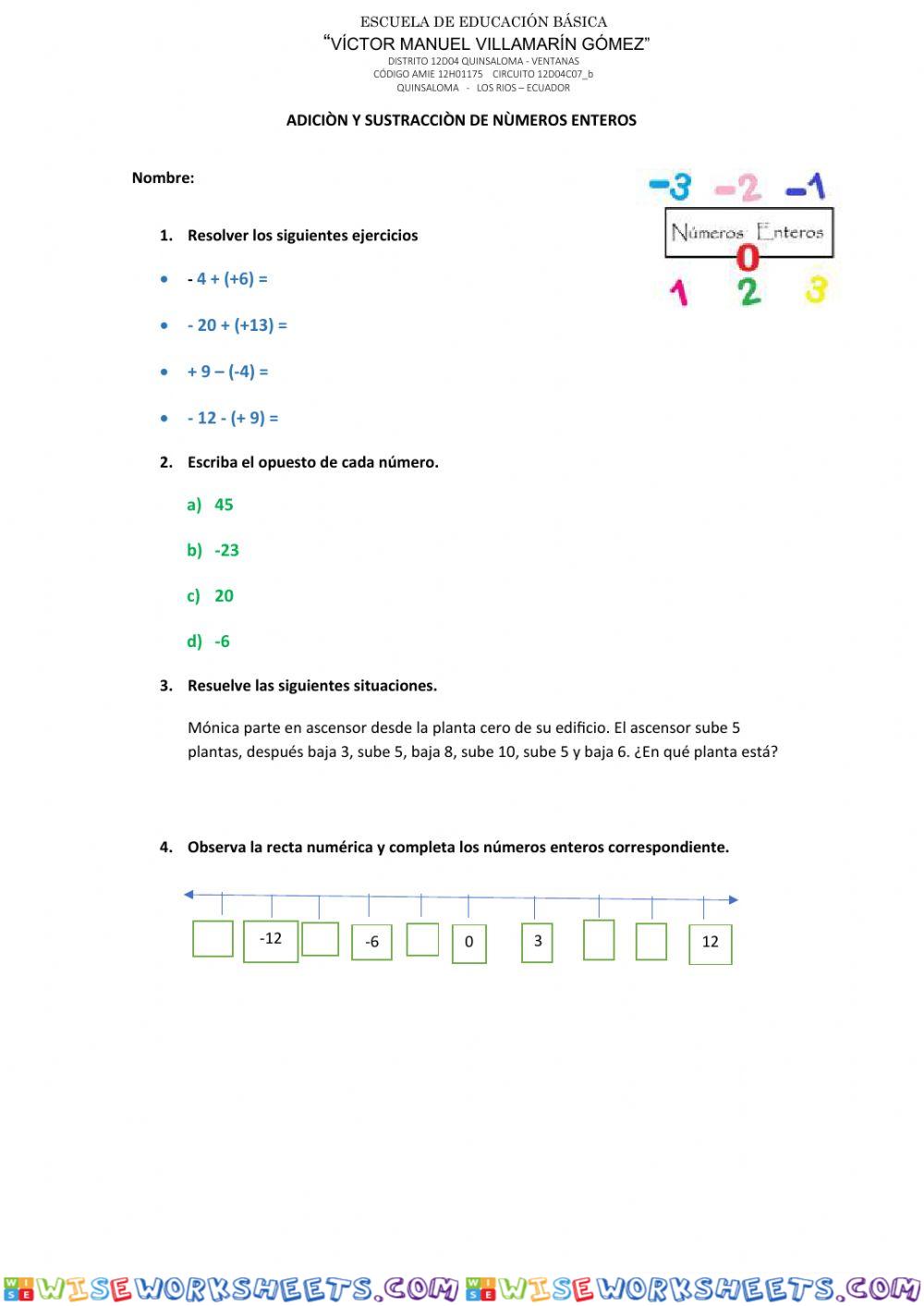 Adicion y sustraccion d enumeros enteros